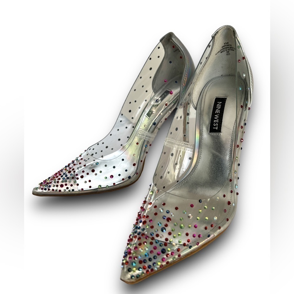 Nine West Clear Franca Dress Heel Multi Colored Rhinestones Holographic Size 6.5